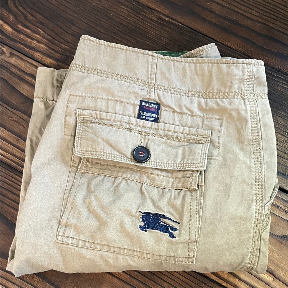 Vintage Men’s Burberry Tan Cargo Shorts with Navy Logo